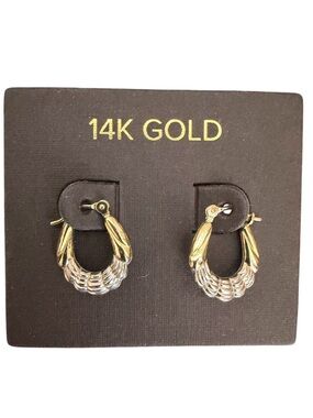14K Yellow & White Gold Textured Hoop Earrings
